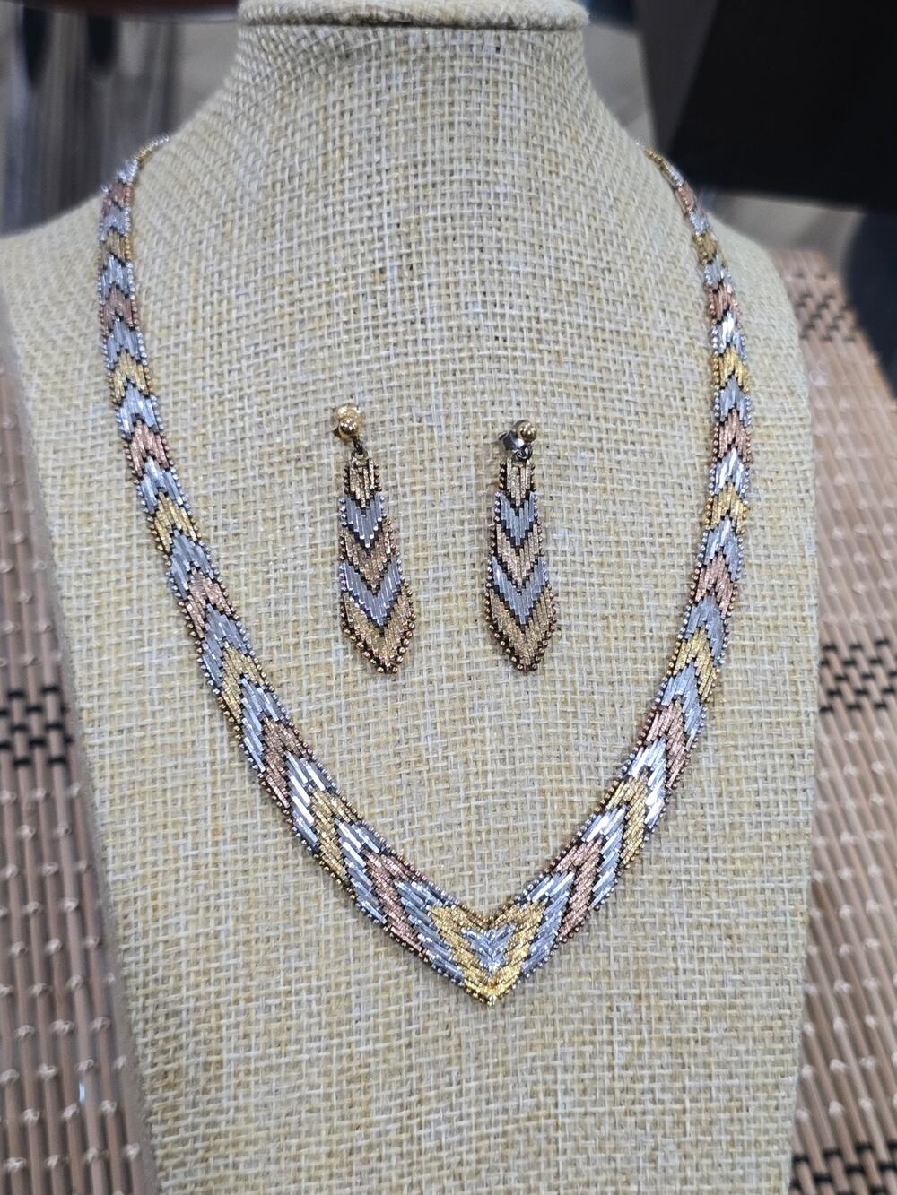 Sterling Silver Italy Tri-color Riccio Chevron 16" Necklace & earrings set